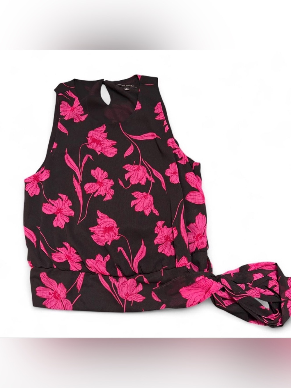 Sz M Banana Republic Black Sleeveless Tie-Hem Top Pink Floral Print